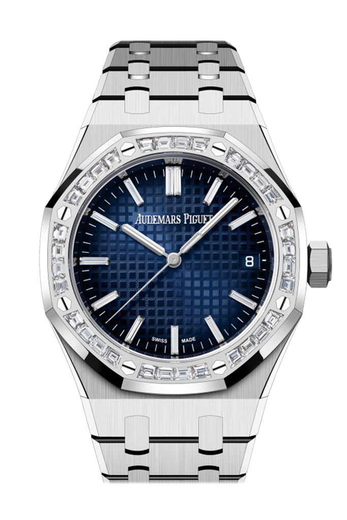Audemars Piguet Royal Oak 34 Blue Diamond Baguette Dial White Gold Diamond Set Bezel Watch 77451BC.ZZ.1261BC.01